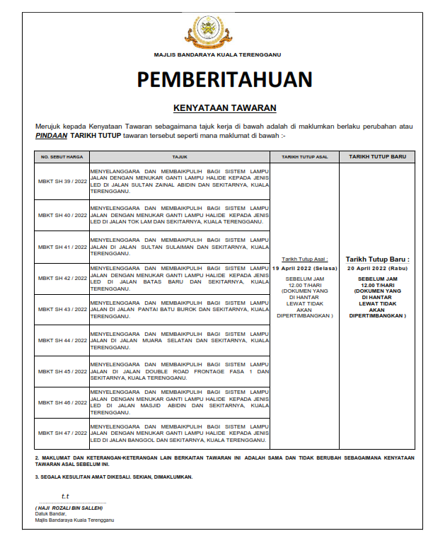 NOTIS PERUBAHAN TARIKH TUTUP ELEKTRIK