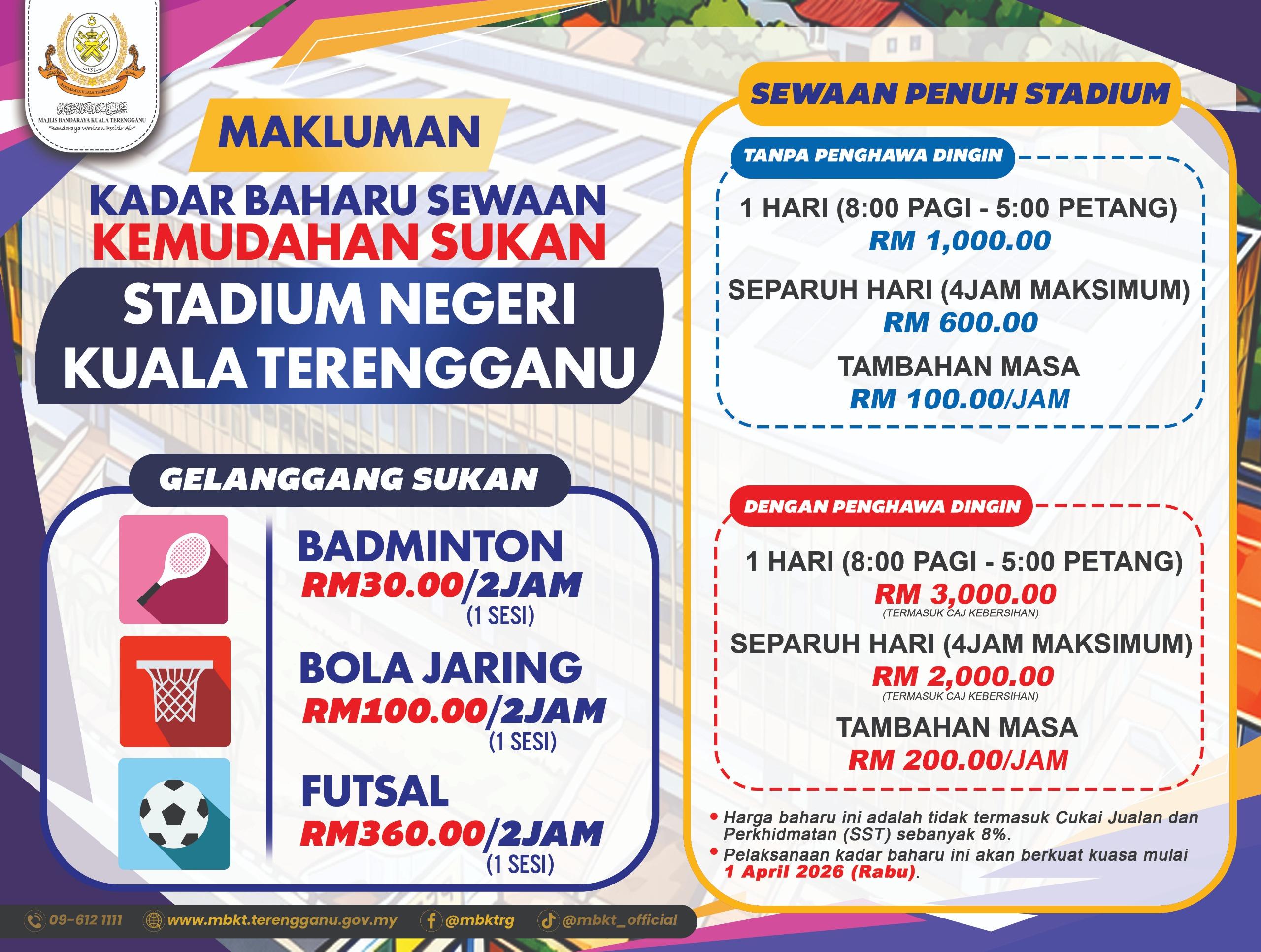 KADAR BAHARU SEWAAN KEMUDAHAN SUKAN STADIUM NEGERI KUALA TERENGGANU